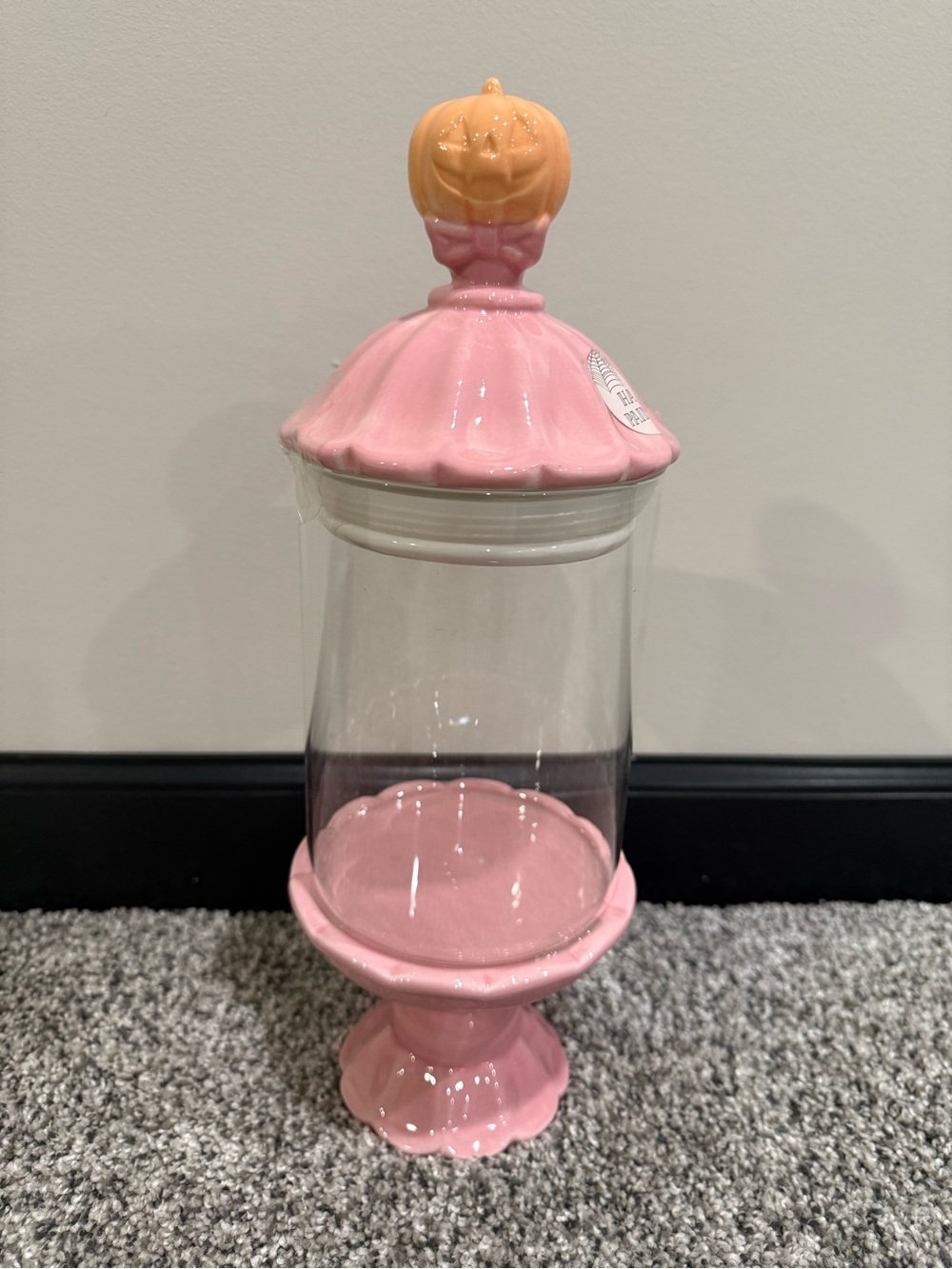 Halloween Pink Pumpkin Glass Candy Jar fall season 13” tall ceramic hand painted